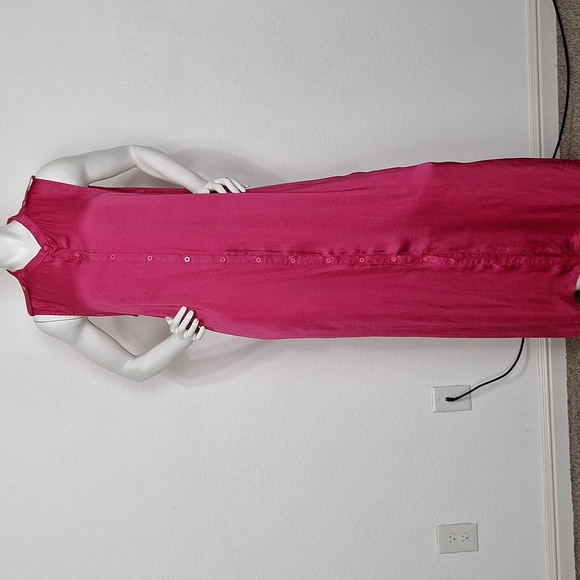 Pink Silky Button Front Coquette Romantic Barbiecore Side Slit Shirt Maxi Dress - Picture 1 of 9